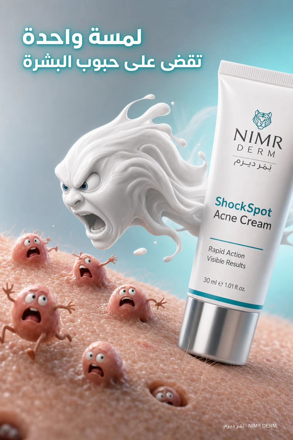 NIMR DERM beauty ad — selective shadda on the brand name where it disambiguates meaning, with the rest of the typography running clean for thumbnail legibility
