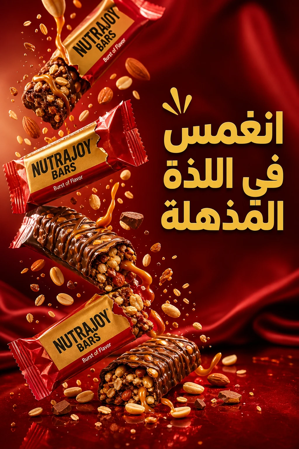 NUTRAJOY BARS consumer-goods ad — saturated color palette tuned for high-impact thumbnail visibility in the Instagram feed