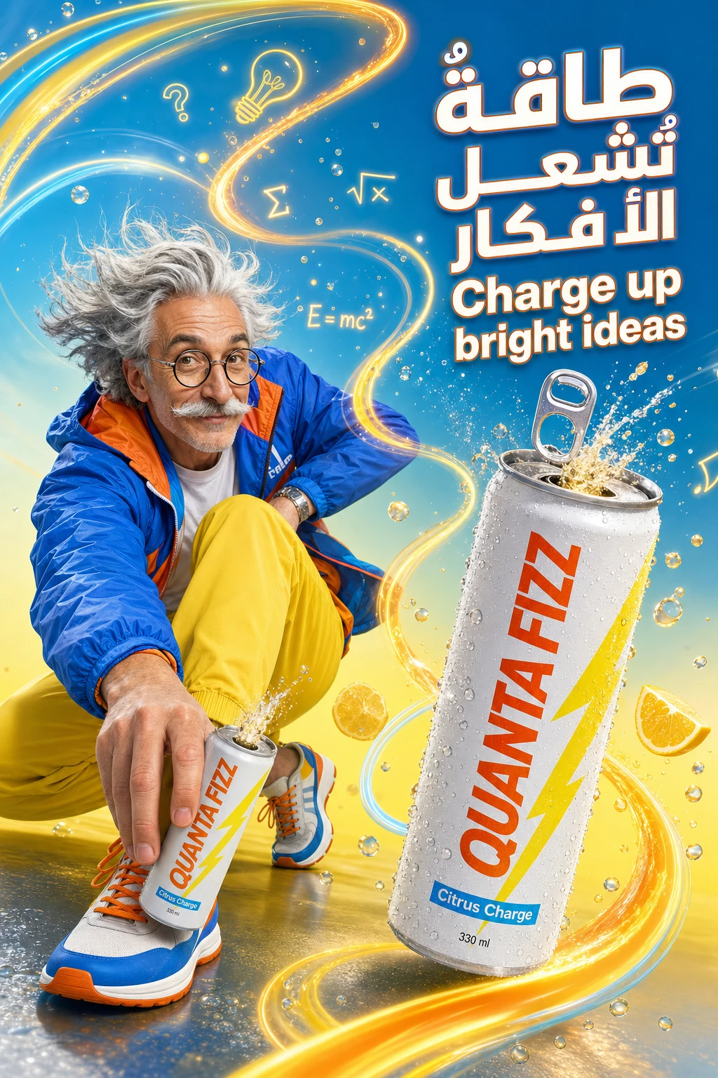 QUANTA FIZZ beverage poster — single-language Arabic-first commitment, no English overlay competing with the headline