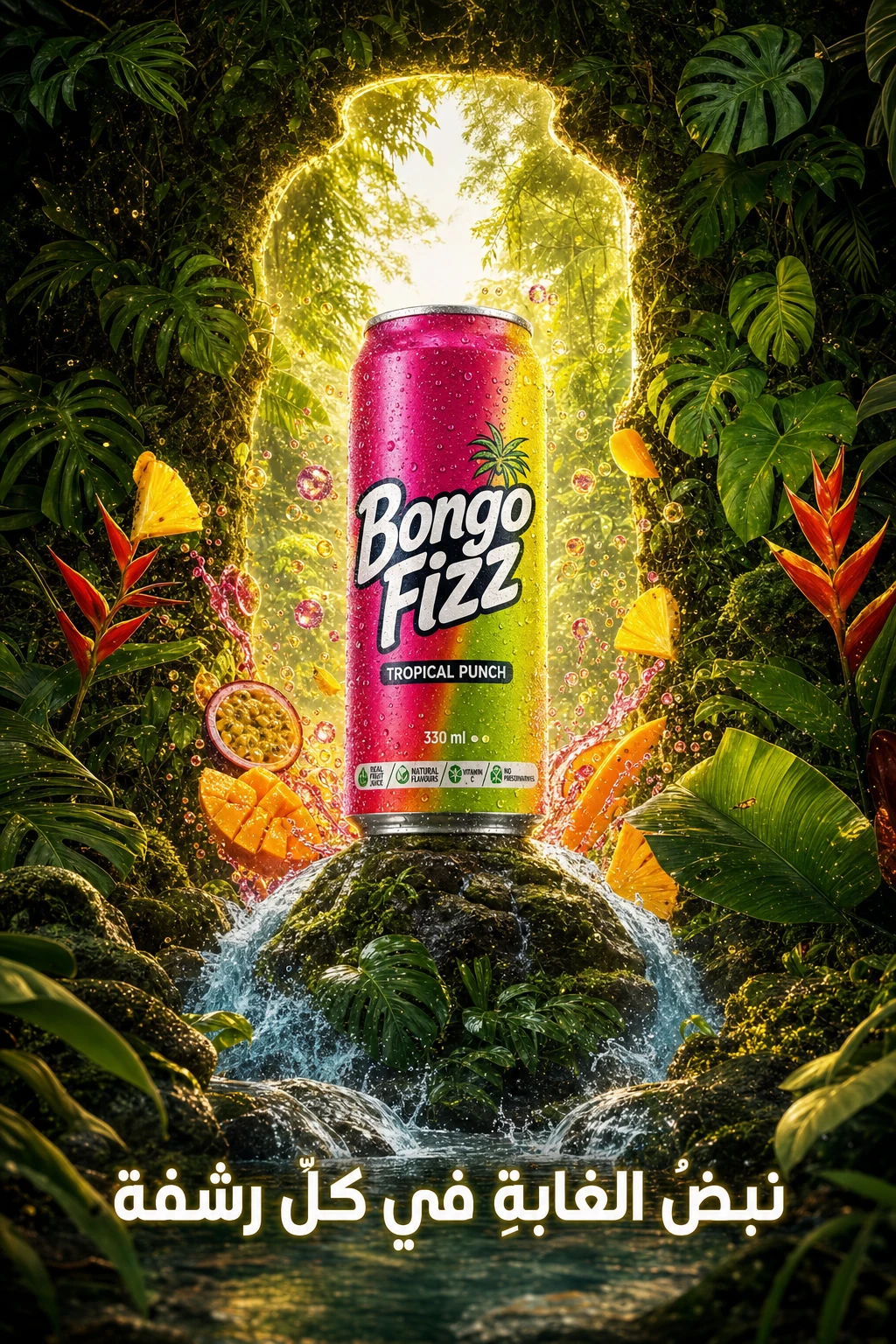 Bongo Fizz premium beverage poster — single-product hero with ingredient-art treatment, the visual register premium-tier restaurants use to signal real cooking and real ingredients