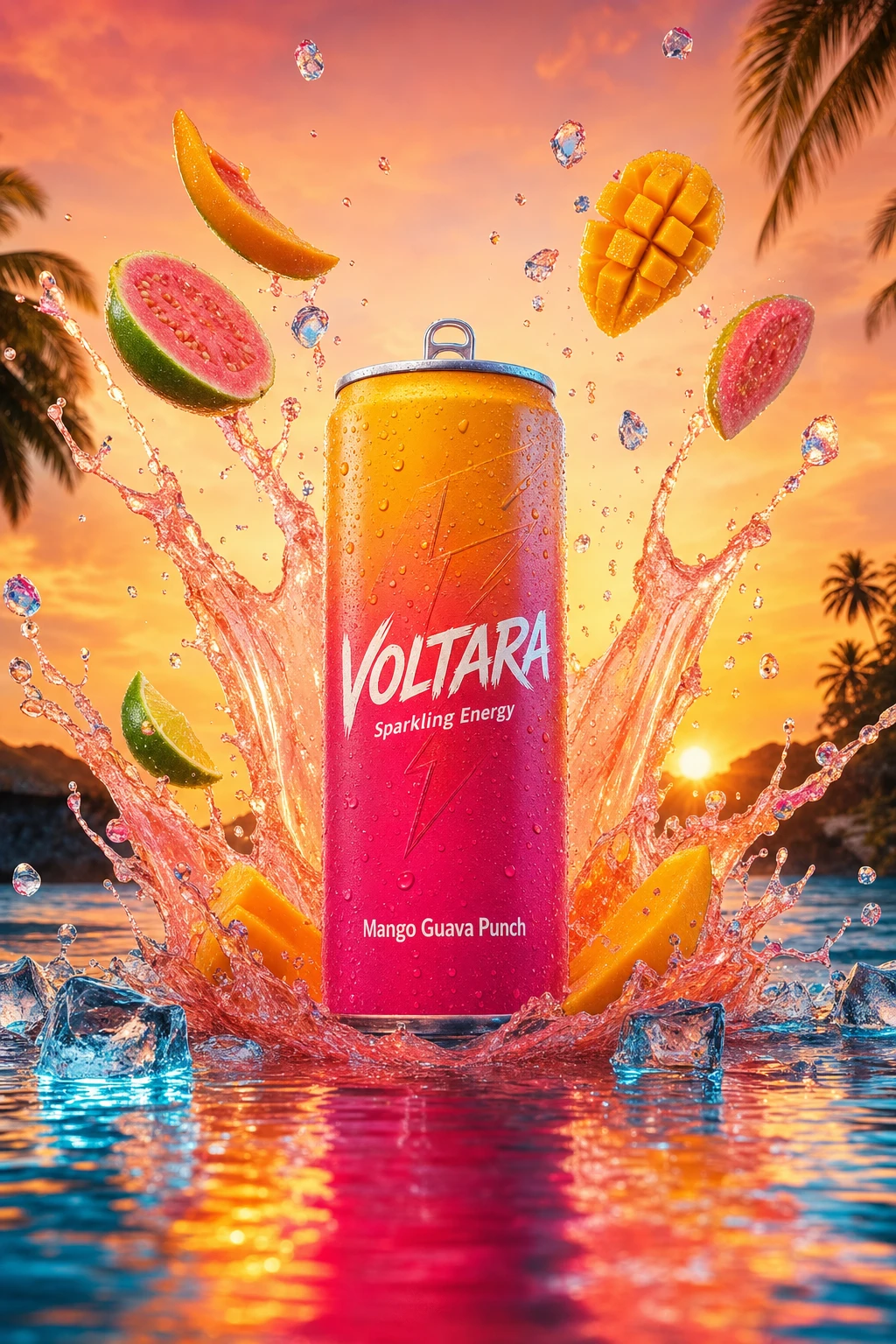 VOLTARA premium beverage hero — the high-contrast disciplined treatment that demonstrates what cluttered-collage and low-contrast anti-patterns destroy when applied wrong