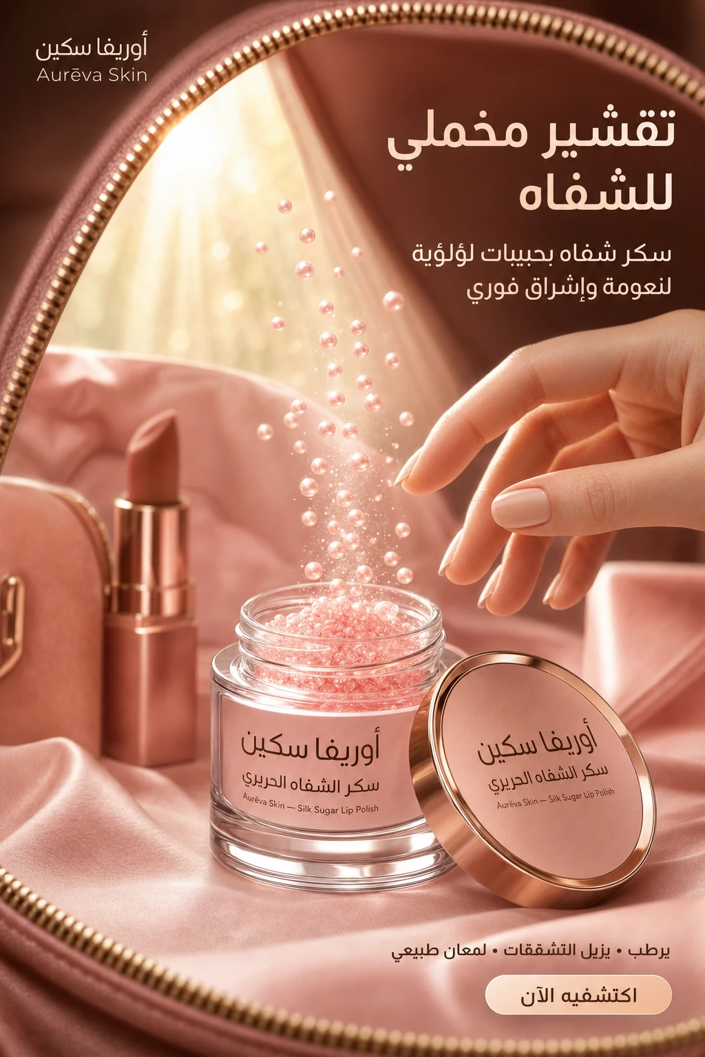Aureva Skin premium beauty product hero in Arabic — example of marketplace-grade product photography for Saudi ecommerce