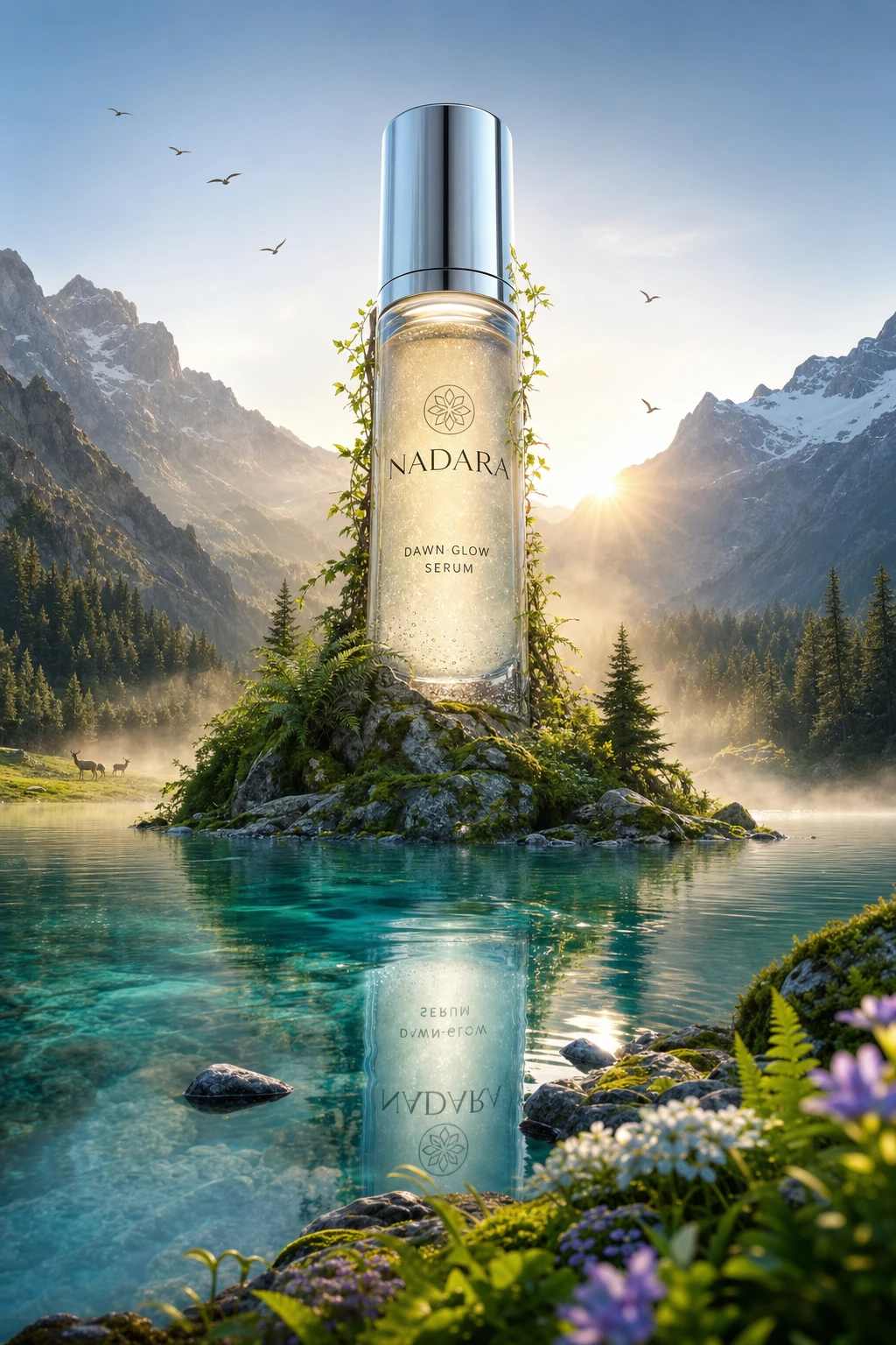 NADARA beauty key visual — single-language Arabic wordmark with disciplined vertical composition and clean breathing space, the format that survives both 4:5 feed and 9:16 Reels crops