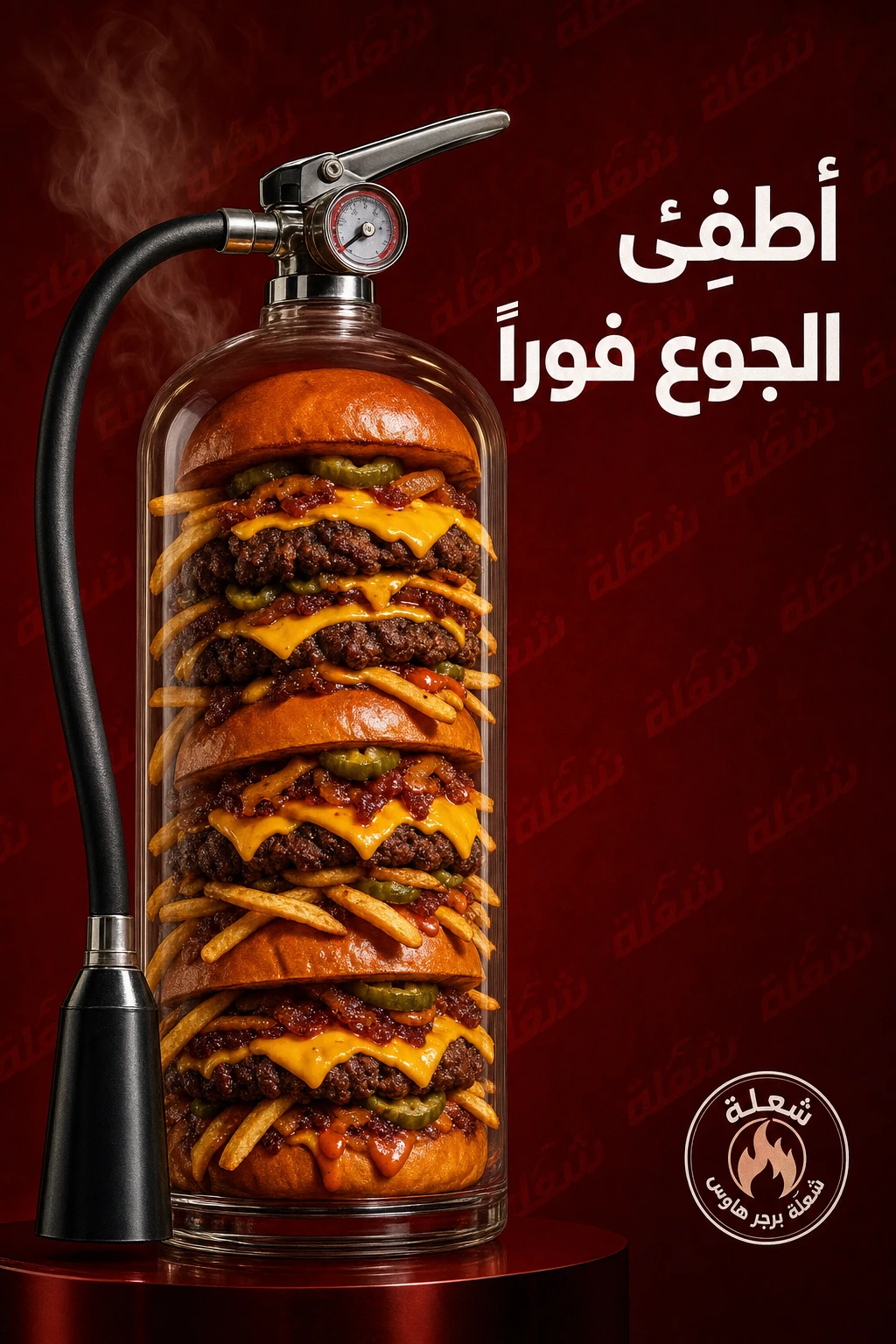 إعلان برغر من Shula Burger House — استعارة بصرية بطفاية حريق فوق برغر بصلصة حارة