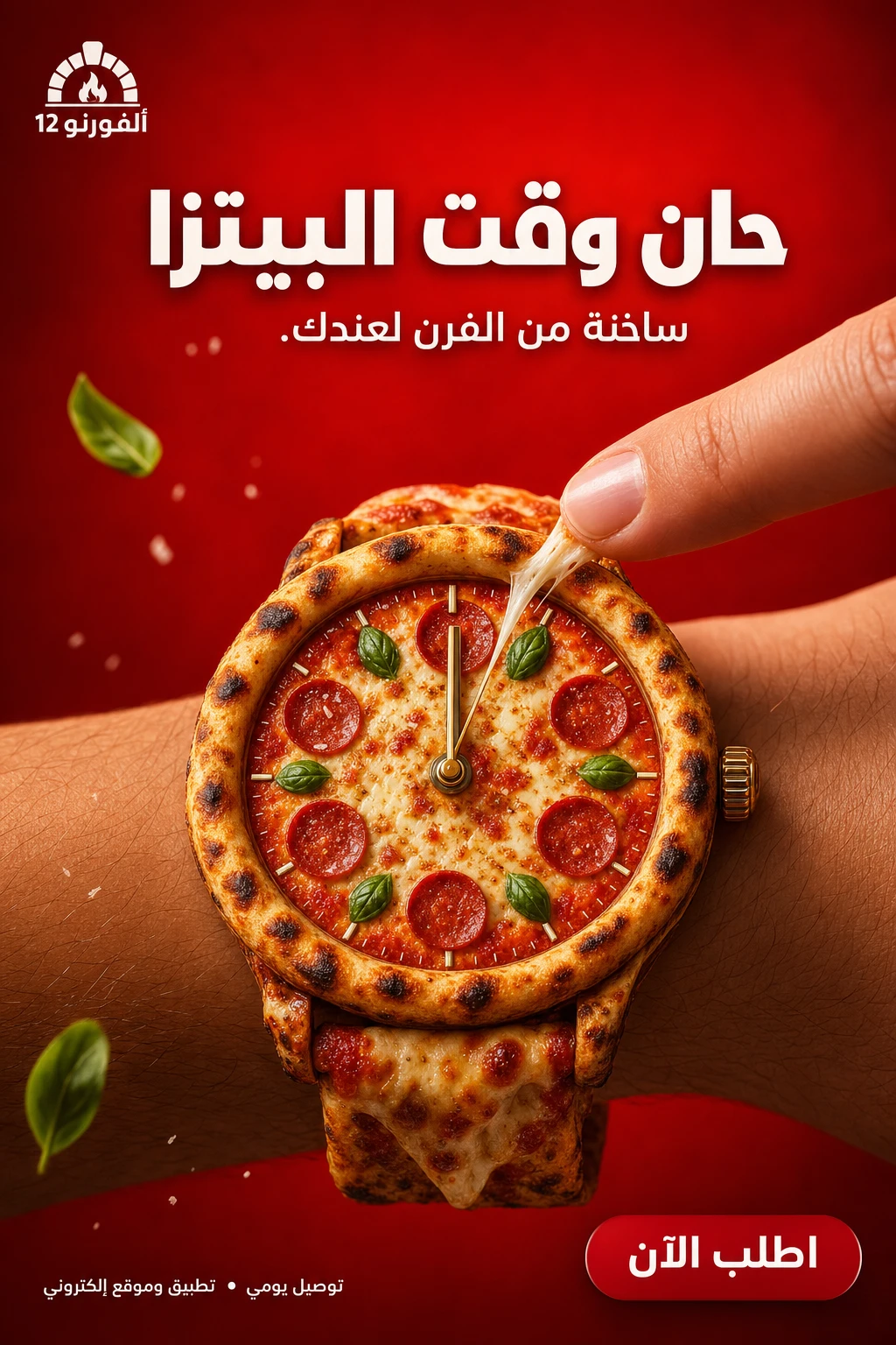 إعلان بيتزا من AL FORNO 12 — تكوين تصوّري تتحوّل فيه البيتزا إلى ساعة دائرية