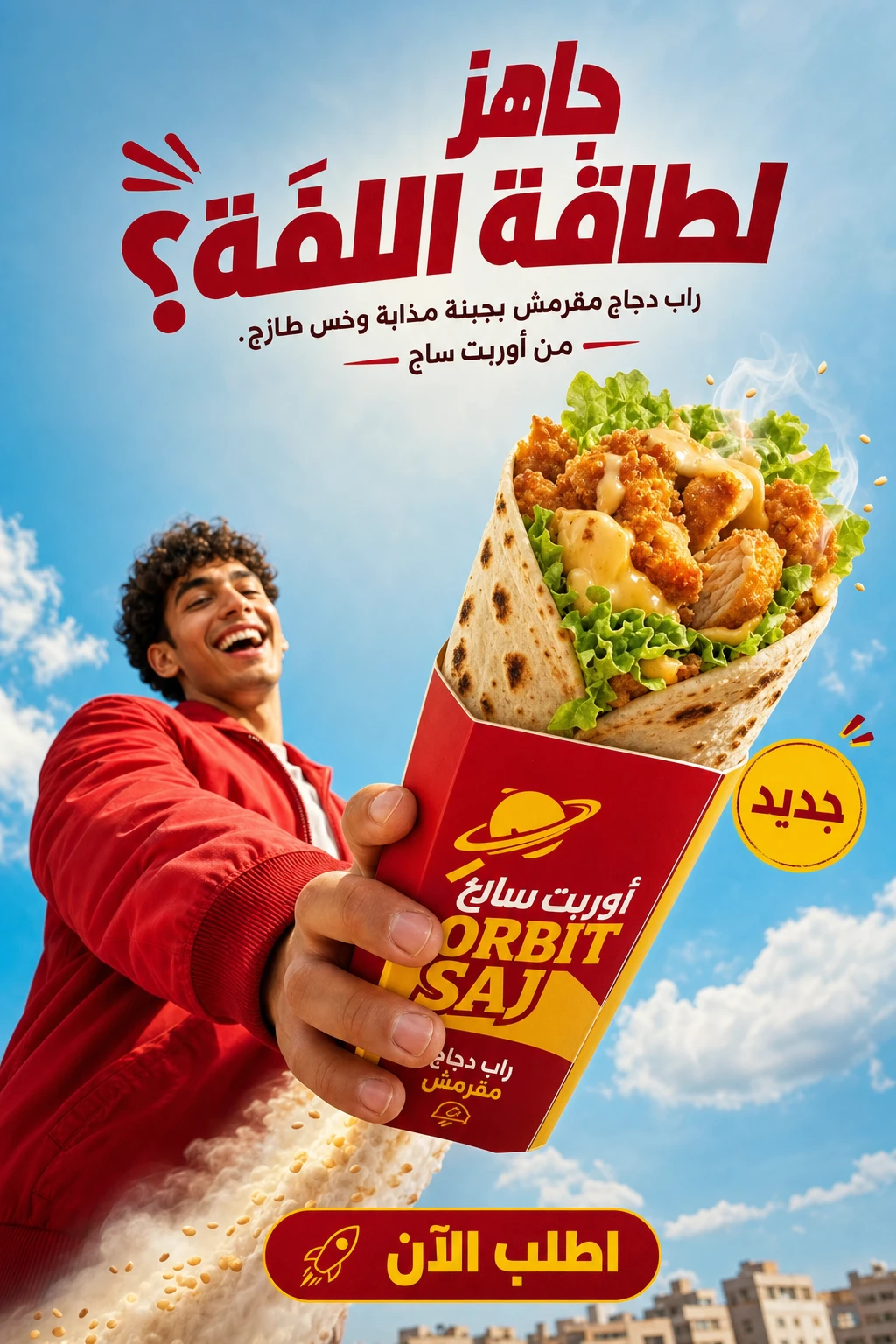 إعلان ساج من Orbit Saj — تكوين سريالي بمقياس مكبّر يُظهر الساج كأنه كوكب