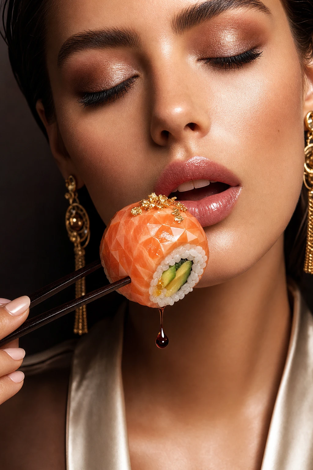 إعلان سوشي من Oro Sushi Salon — لوحة سوداء وذهبية فاخرة مع طبق سوشي يُقدَّم كمجوهرات