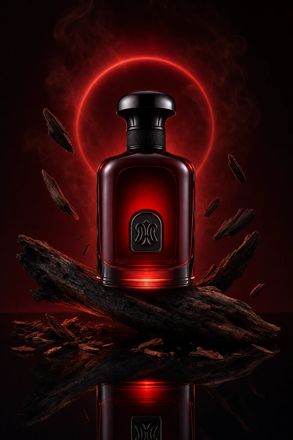 إعلان عطر مسائي بإضاءة Low-Key، ضوء حافة على الزجاجة الكريستالية، خلفية مخمل غامق