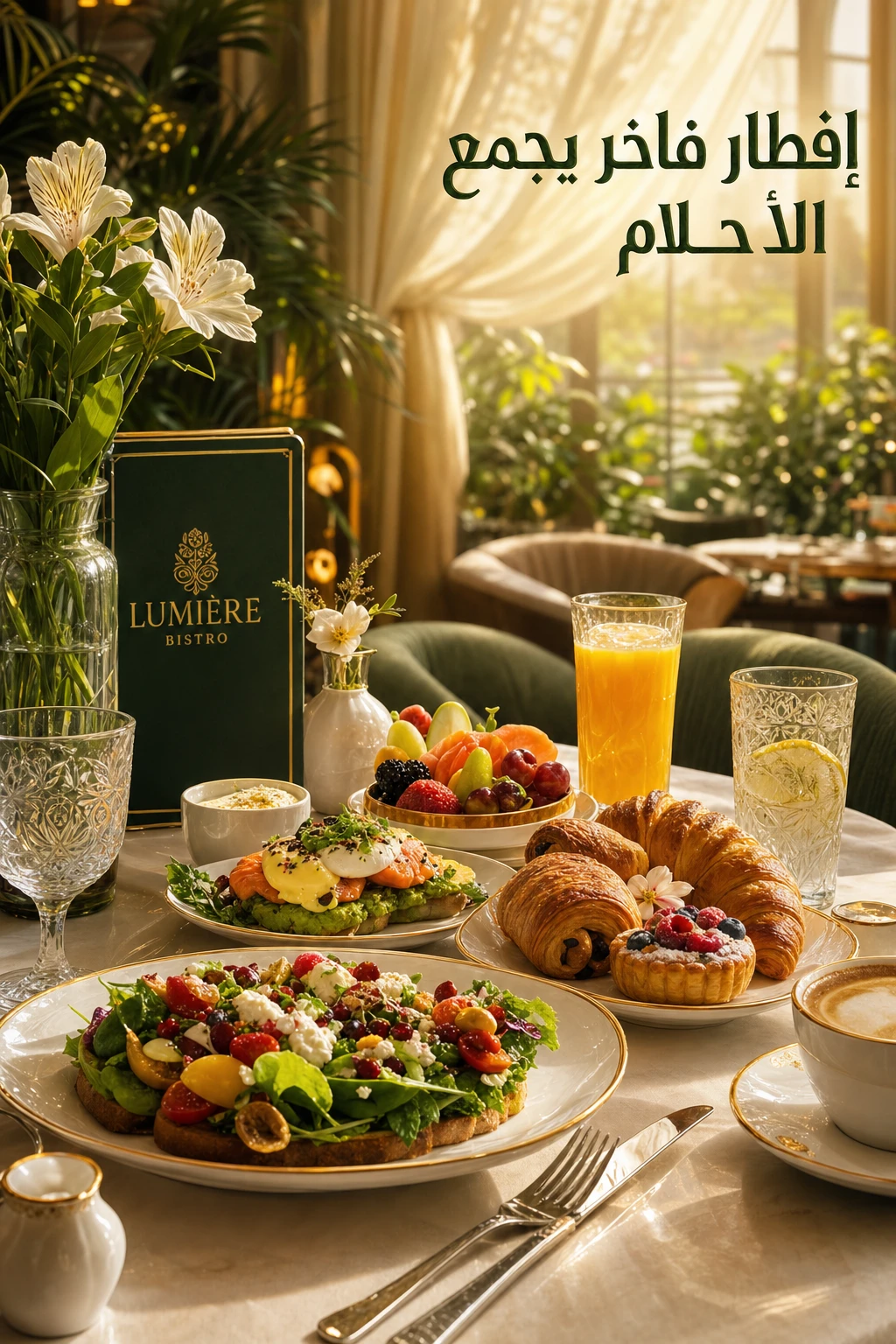 Lumière Bistro restaurant ad — bilingual Latin and Arabic with a clear dominant register and visual hierarchy that doesn't fight itself